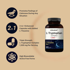 NatureBell L-Tryptophan 1300mg capsules-dispensed close-up shows easy daily dosing.