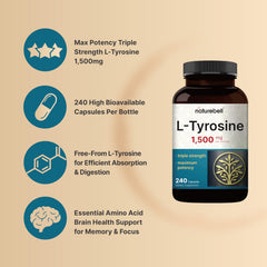 NatureBell L Tyrosine bottle with label close view emphasizes non-GMO formula.
