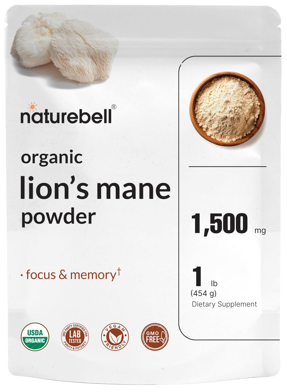 NatureBell Lion's Mane powder bottle shows 1,500 mg per serving for cognitive support.