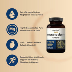 NatureBell magnesium citrate 500mg label detailing non-GMO and gluten-free claims