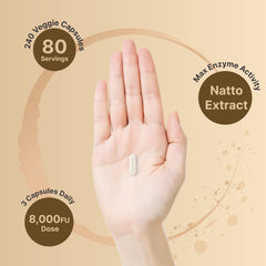 Close-up of nattokinase capsules shows pure Natto extract source.