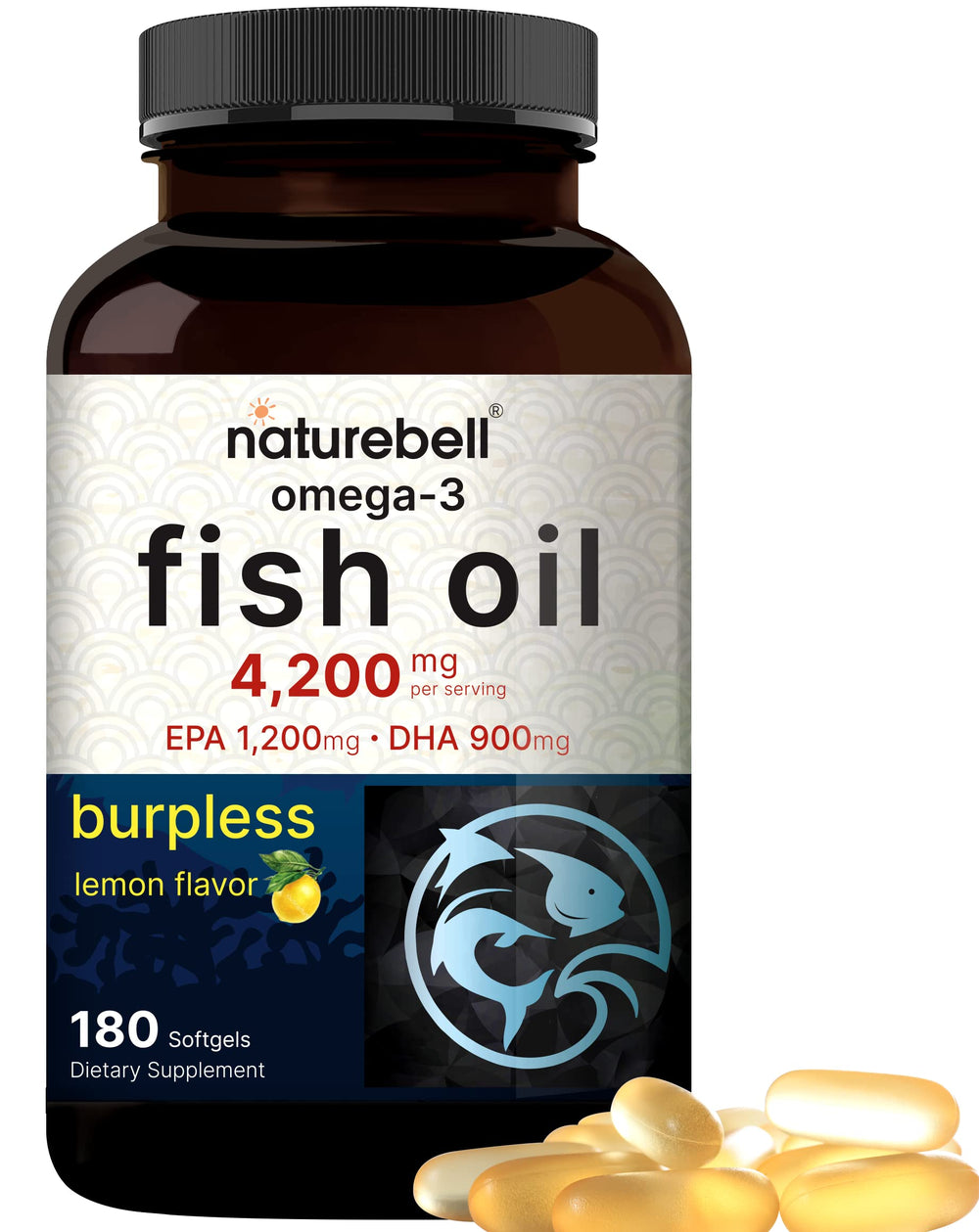 NatureBell Omega-3 burpless softgels lemon flavor for easy daily heart and brain support.