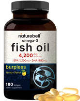 NatureBell Omega-3 burpless softgels lemon flavor for easy daily heart and brain support.