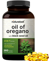 NatureBell Oregano Oil with Black Seed Oil bottle pour showing premium blend for daily immune support