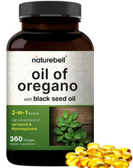 NatureBell Oregano Oil with Black Seed Oil bottle pour showing premium blend for daily immune support