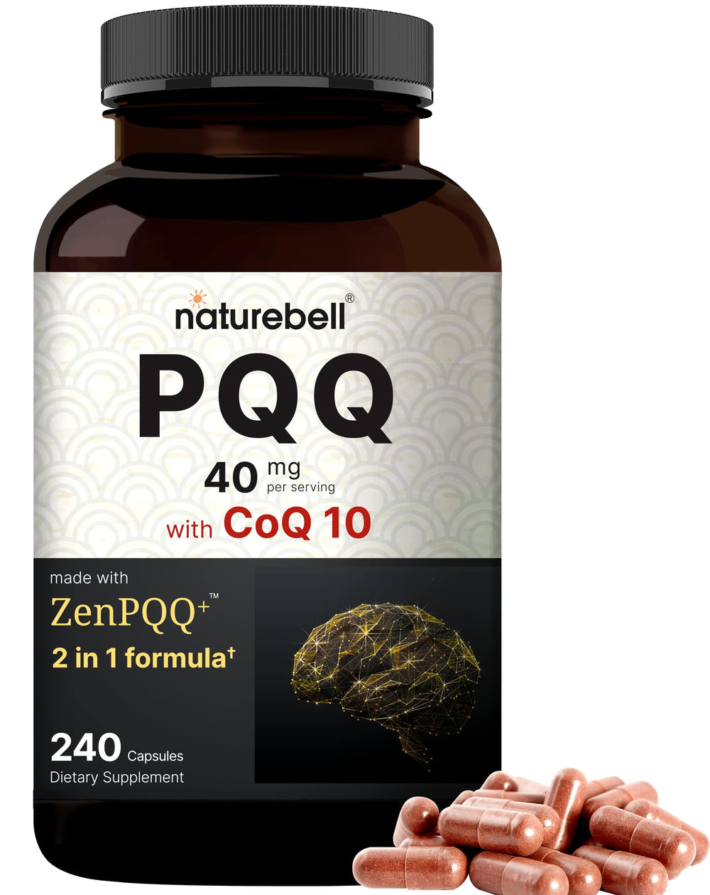 NatureBell PQQ + CoQ10 bottle on shelf highlighting ZenPQQ+ mitochondrial support