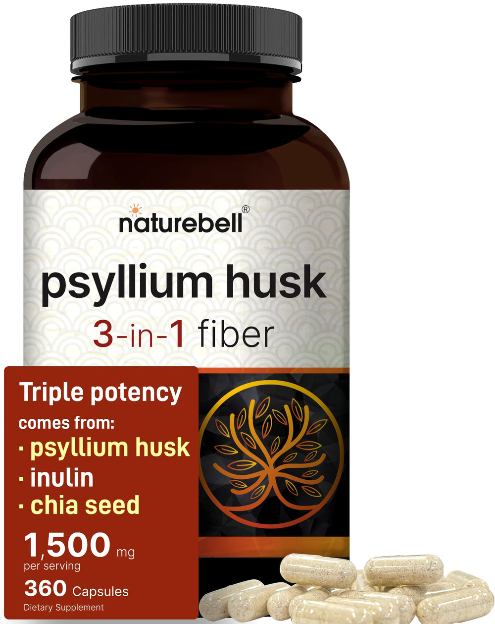 NatureBell Psyllium Husk bottle on counter for daily fiber support.