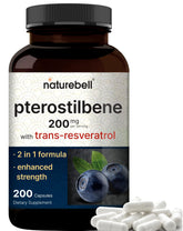 NatureBell Pterostilbene bottle label indicating 200 mg per serving for antioxidant support.