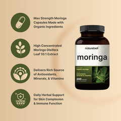 NatureBell Pure Moringa Capsules nutrition label highlights organic moringa content.