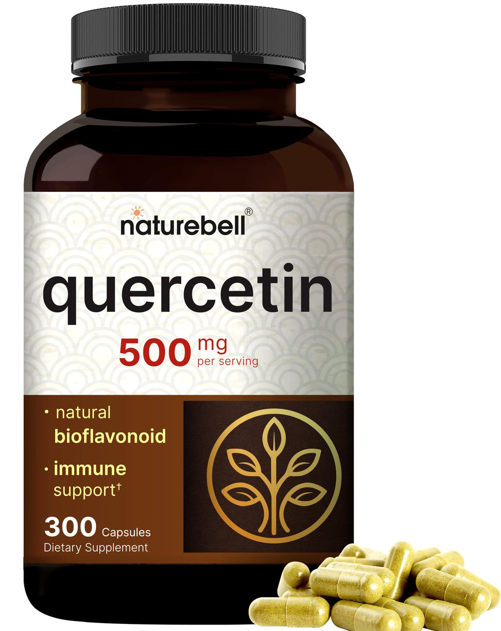 NatureBell Quercetin 500mg bottle label highlighting potency for daily immune support.