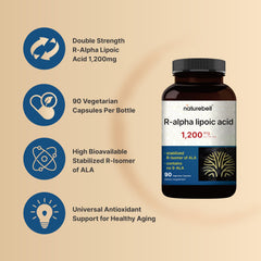 Closeup of NatureBell R-Alpha Lipoic Acid label highlighting stabilized R-ALA