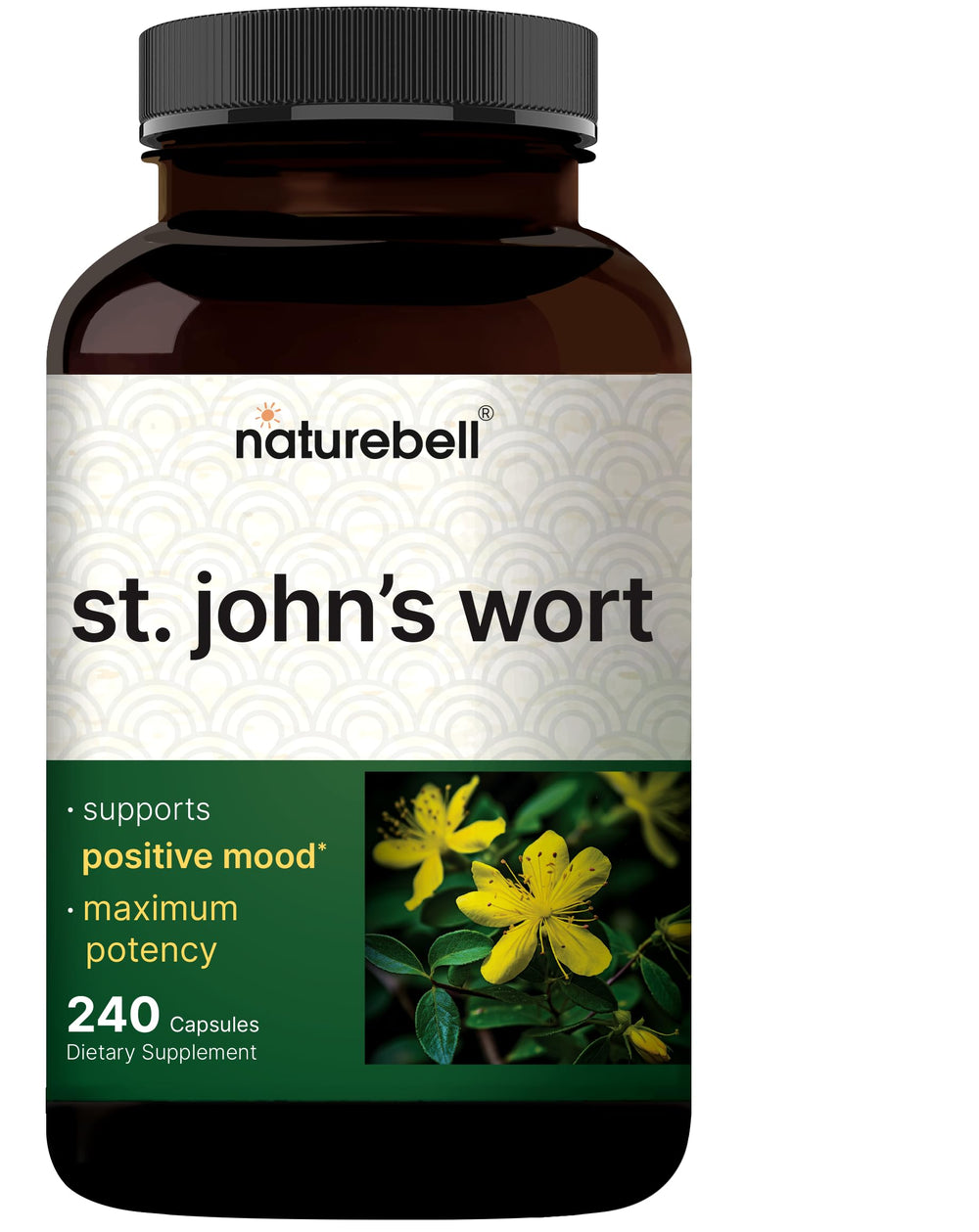 NatureBell St. John’s Wort bottle highlighting 9,000mg strength for potential mood support