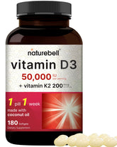 NatureBell Vitamin D3 K2 softgels bottle with coconut oil infusion for better absorption and bone support