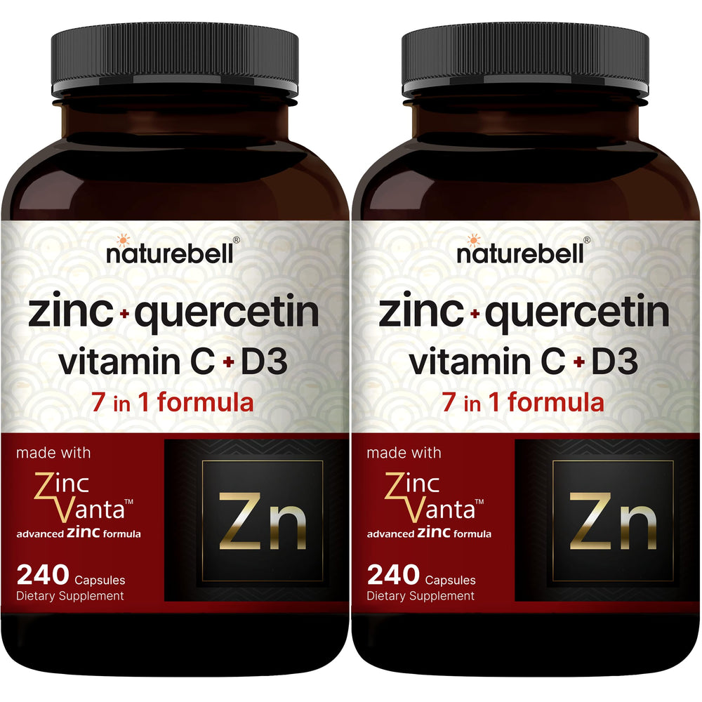 NatureBell Zinc Quercetin bottle front highlights a 4-in-1 immune and lung support formula