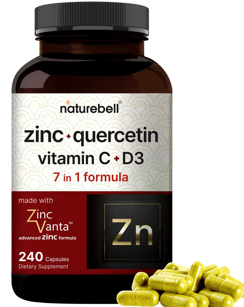 NatureBell zinc quercetin bottle shown for daily immune support.