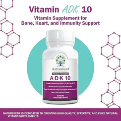 NatureGenX ADK10 bottle label close-up shows A, D3, K2 benefits for immune and bone health