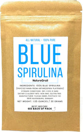 Naturegrail Blue Spirulina powder bottle highlights pure phycocyanin for vibrant blue foods.