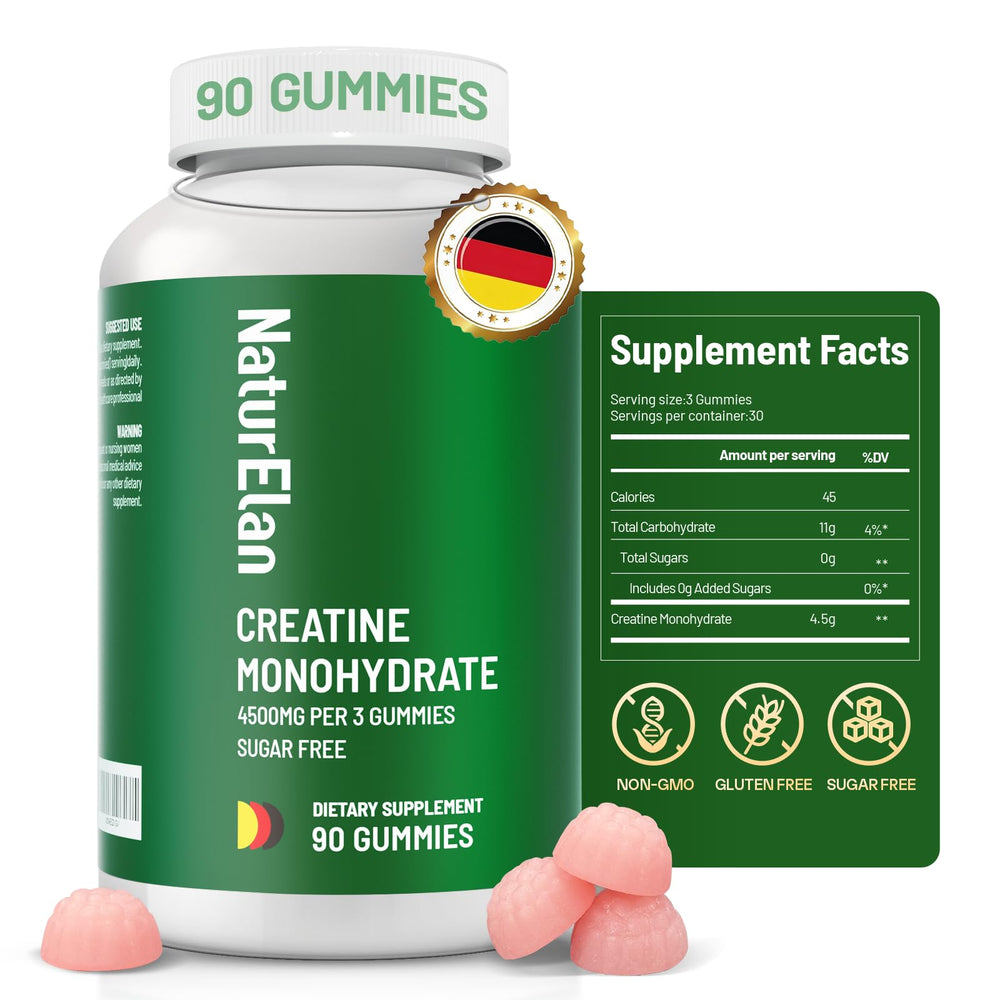 NaturElan Creatine Gummies bottle showing sugar-free pre-workout support