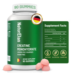 NaturElan Creatine Gummies bottle showing sugar-free pre-workout support