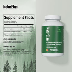 Label view of NaturElan magnesium glycinate, indicating vegan, gluten-free, non-GMO