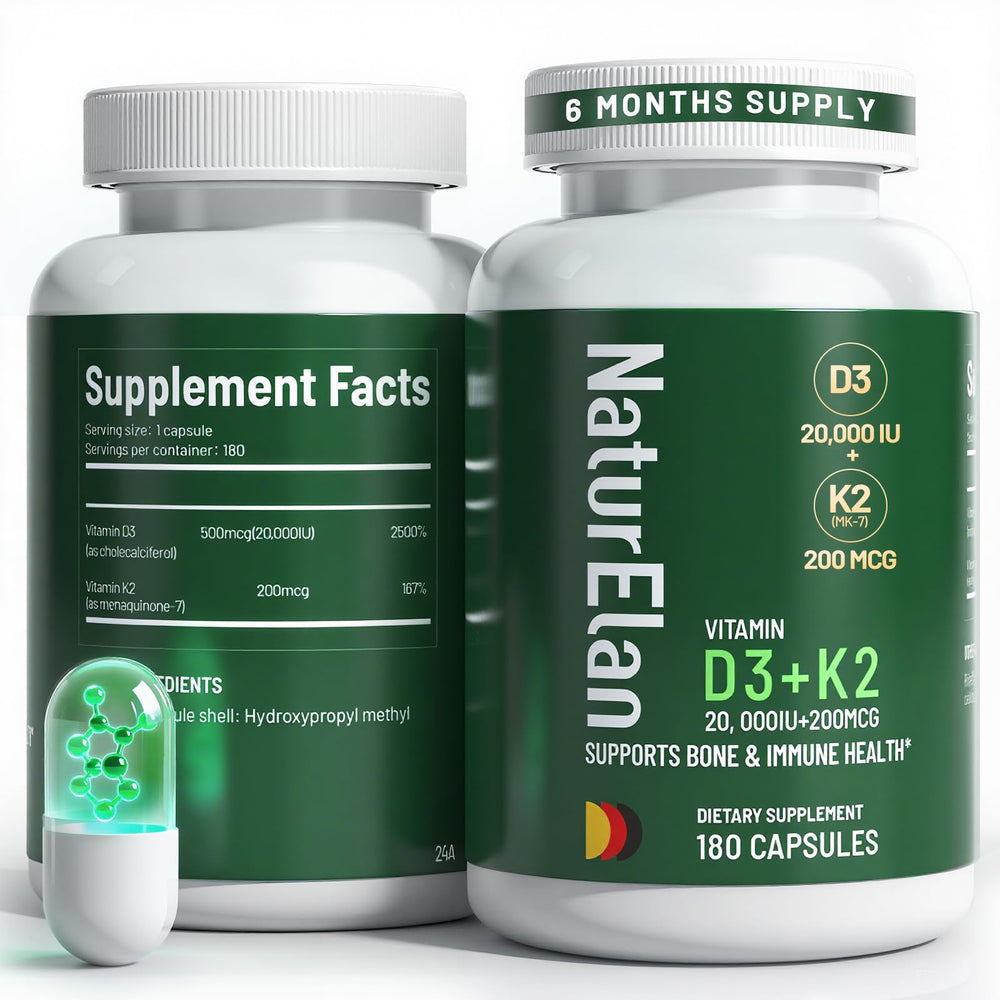 NaturElan Vitamin D3 K2 bottle shows a high-dose formula for daily support.