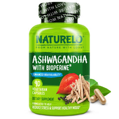 Naturelo Ashwagandha bottle on shelf for daily wellness support