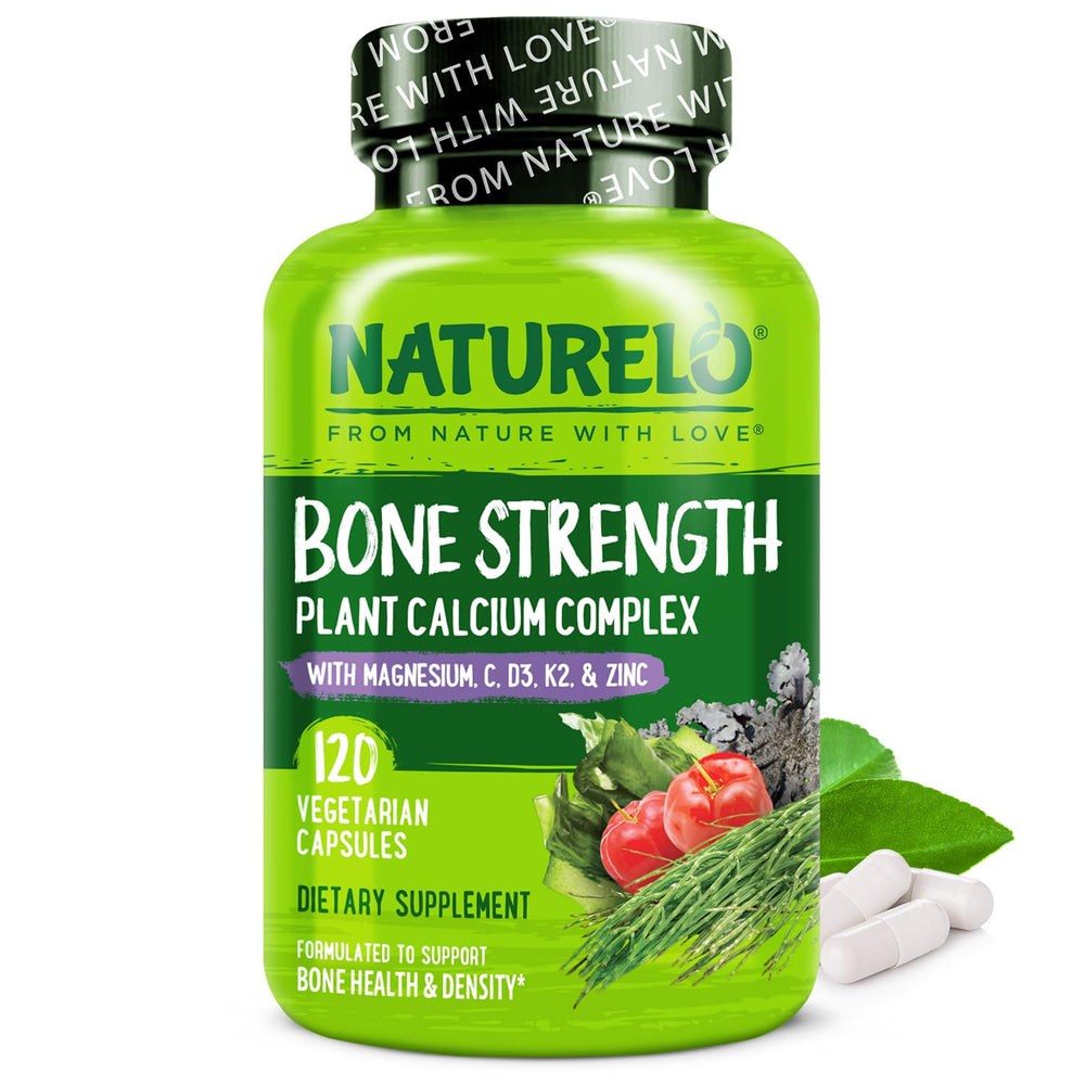 NATURELO Bone Strength bottle front highlighting plant-based calcium support for bone health