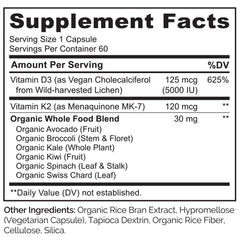 NATURELO D3 K2 capsules close-up emphasizing plant-based D3 source.