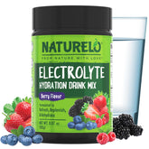 NATURELO Electrolyte Powder berry-tub shown for sugar-free hydration after workouts.