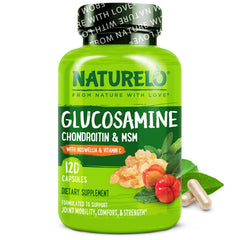 Naturelo Glucosamine Chondroitin MSM bottle front for daily joint support.