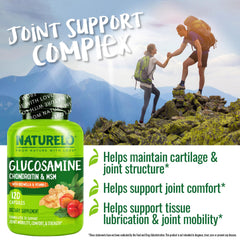 Naturelo Glucosamine Chondroitin MSM packaging box lists key ingredients for joint support.
