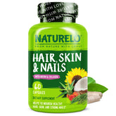 Naturelo Hair, Skin and Nails bottle close-up highlighting biotin and collagen support