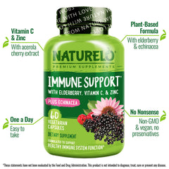 Naturelo Immune Support bottle back label showing ingredients and dosage.