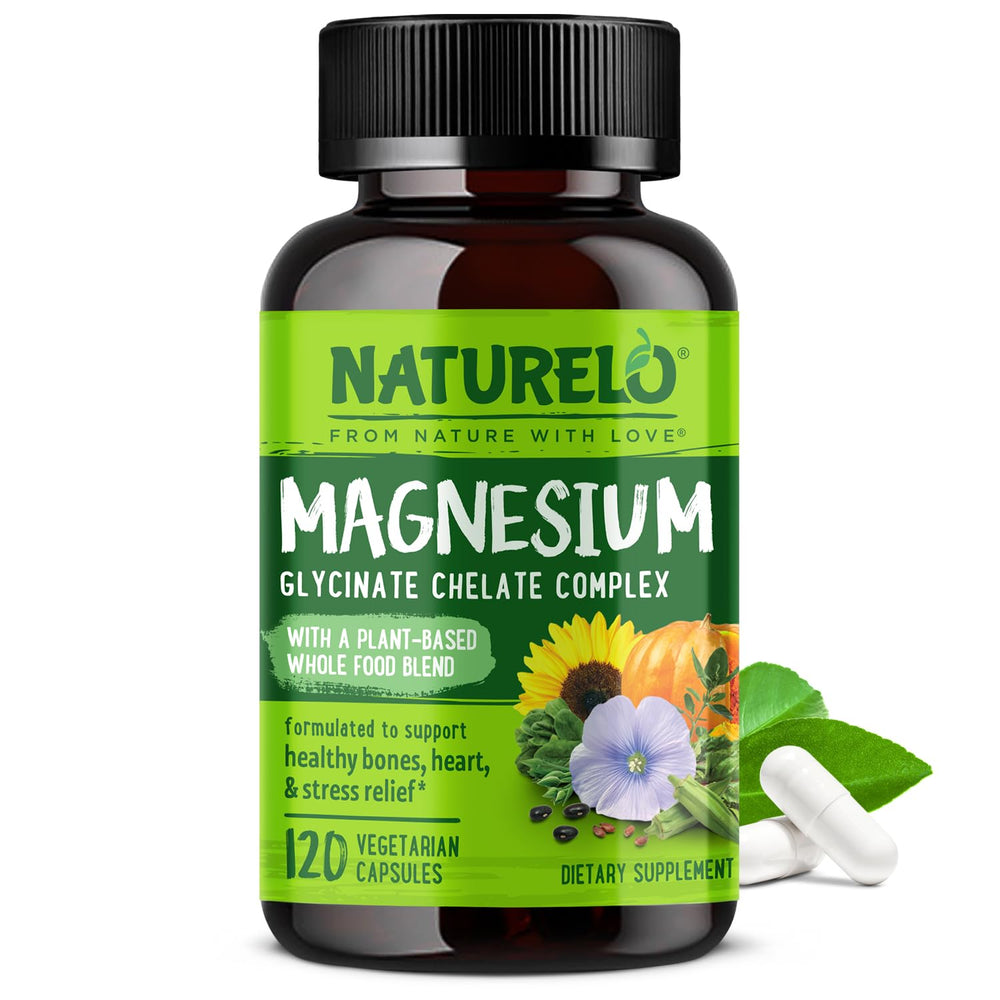 NATURELO Magnesium Glycinate bottle close-up showing plant-based formula for restful sleep support.