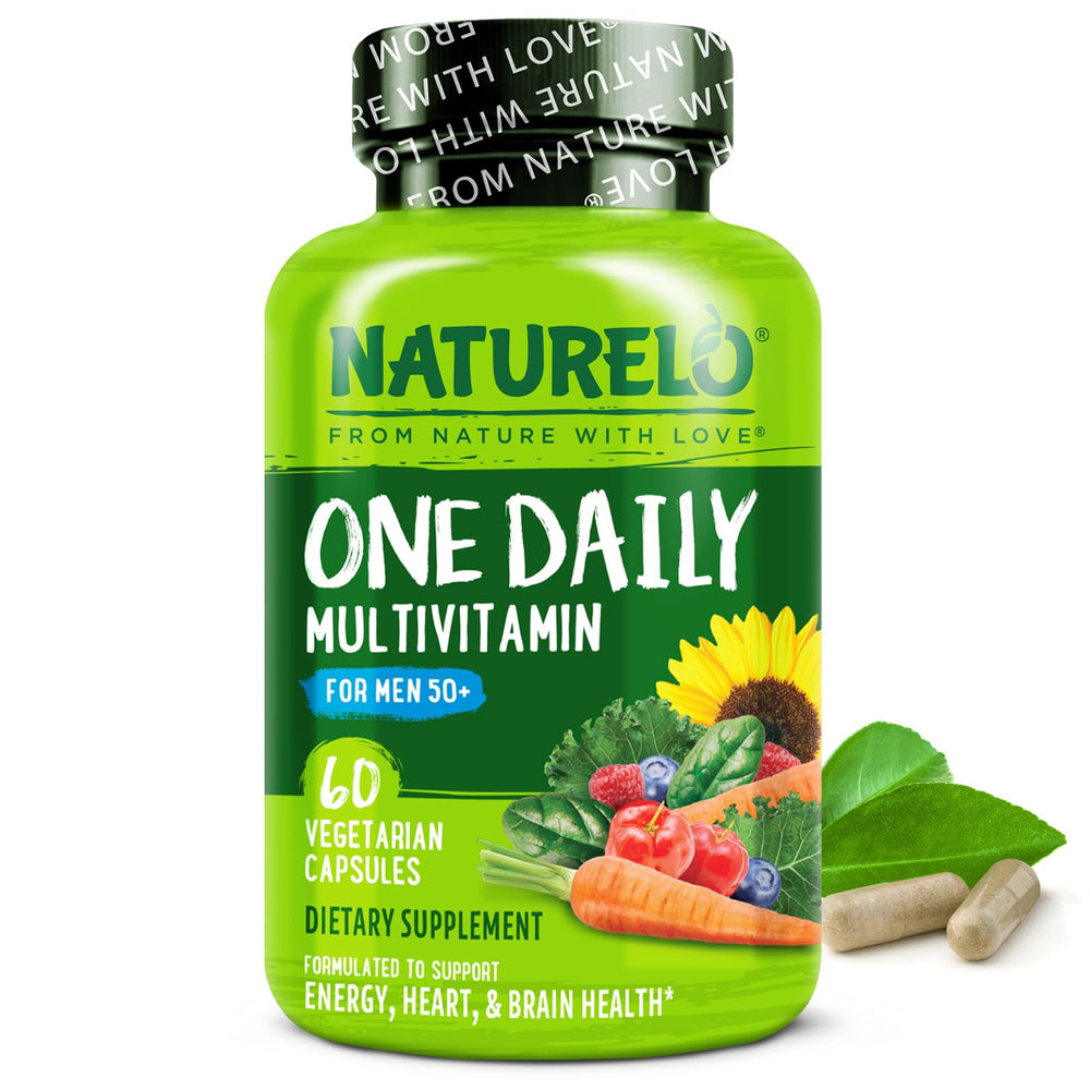 Naturelo Men's Multivitamin 50+ bottle for daily plant-based wellness and energy support