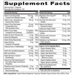 NATURELO Multivitamin label close-up highlighting organic whole foods