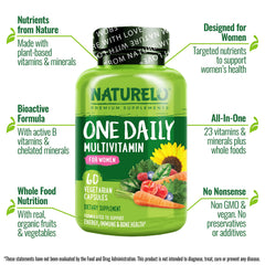 Naturelo One Daily Multivitamin for Women bottle label highlights vegan nutrients for immune support.