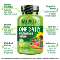 Naturelo One Daily Multivitamin for Women organic fruits and vegetables backdrop