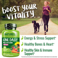 Naturelo One Daily Multivitamin for Women bottle being poured for easy daily use