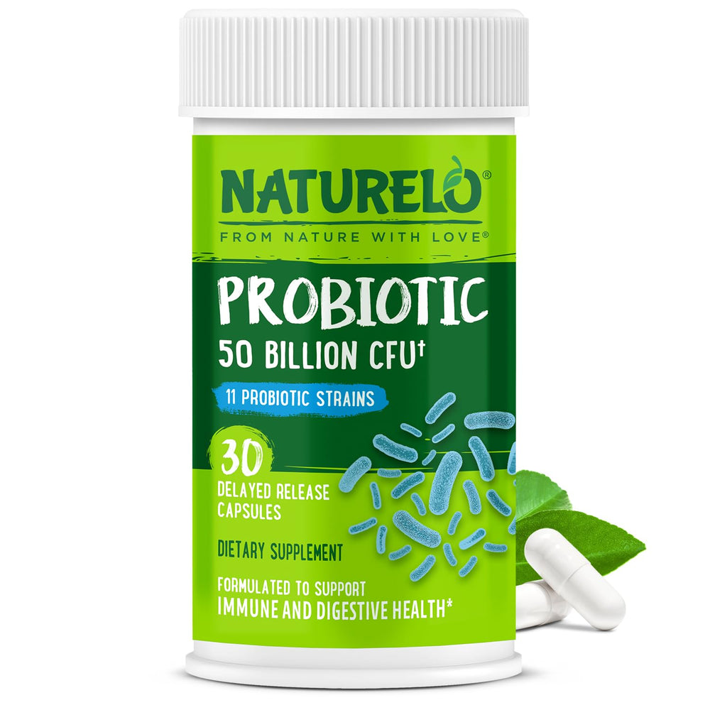 NATURELO Probiotics bottle front view showing label and dosage for daily digestive support.