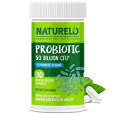 NATURELO Probiotics bottle front view showing label and dosage for daily digestive support.