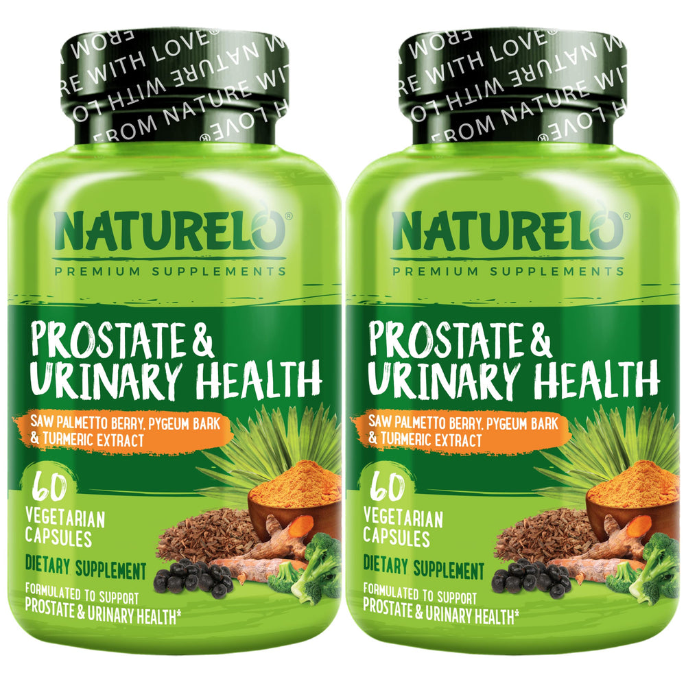 NATURELO Prostate & Urinary Health bottle highlights vegan formula for daily urinary support.