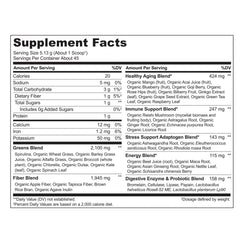 Naturelo Raw Greens ingredient list highlights spirulina, kale, berries.