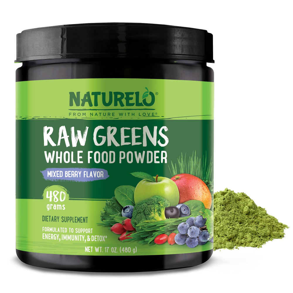 Naturelo Raw Greens Mixed Berry tub showing vibrant powder for daily energy support