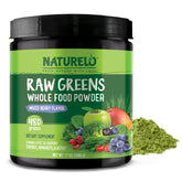 Naturelo Raw Greens Mixed Berry tub showing vibrant powder for daily energy support