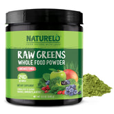 Naturelo Raw Greens powder container for easy daily greens boost.