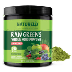 Naturelo Raw Greens powder container for easy daily greens boost.