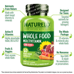 Naturelo teen bottle side label highlighting non-GMO vegan formula.