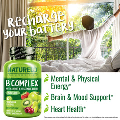 Naturelo Vitamin B Complex capsules show methylfolate for methylation-friendly B vitamins.