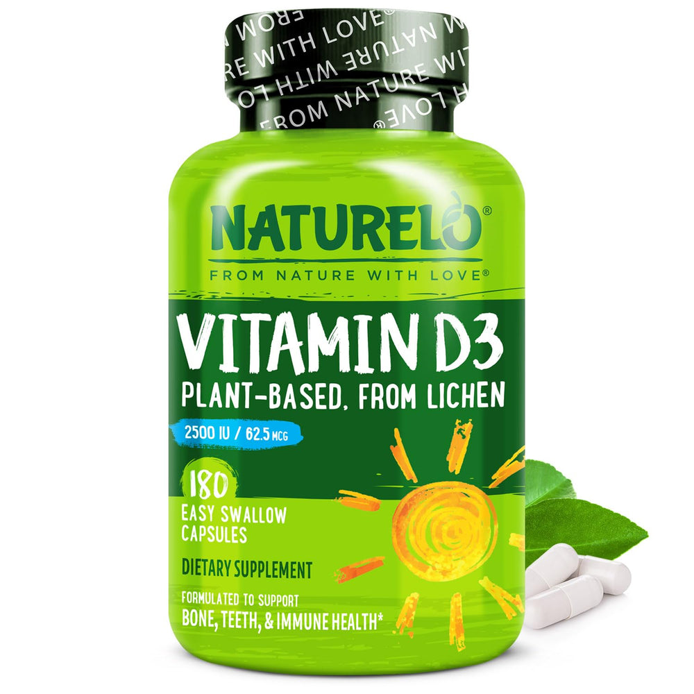 Naturelo Vitamin D3 2500 IU bottle front, vegan D3 for immune support.